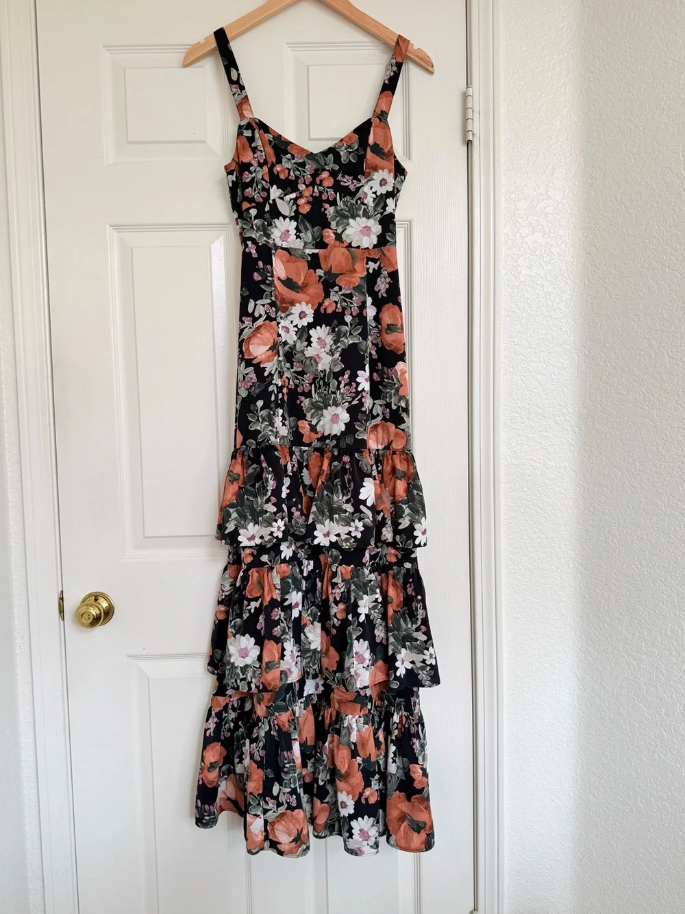 Abercrombie & Fitch Floral Tiered Ruffle Maxi Dress Black Pink Green Orange XS - Picture 4 of 10